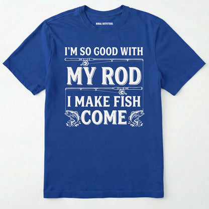Royal t-shirt with white text and graphics on a white background