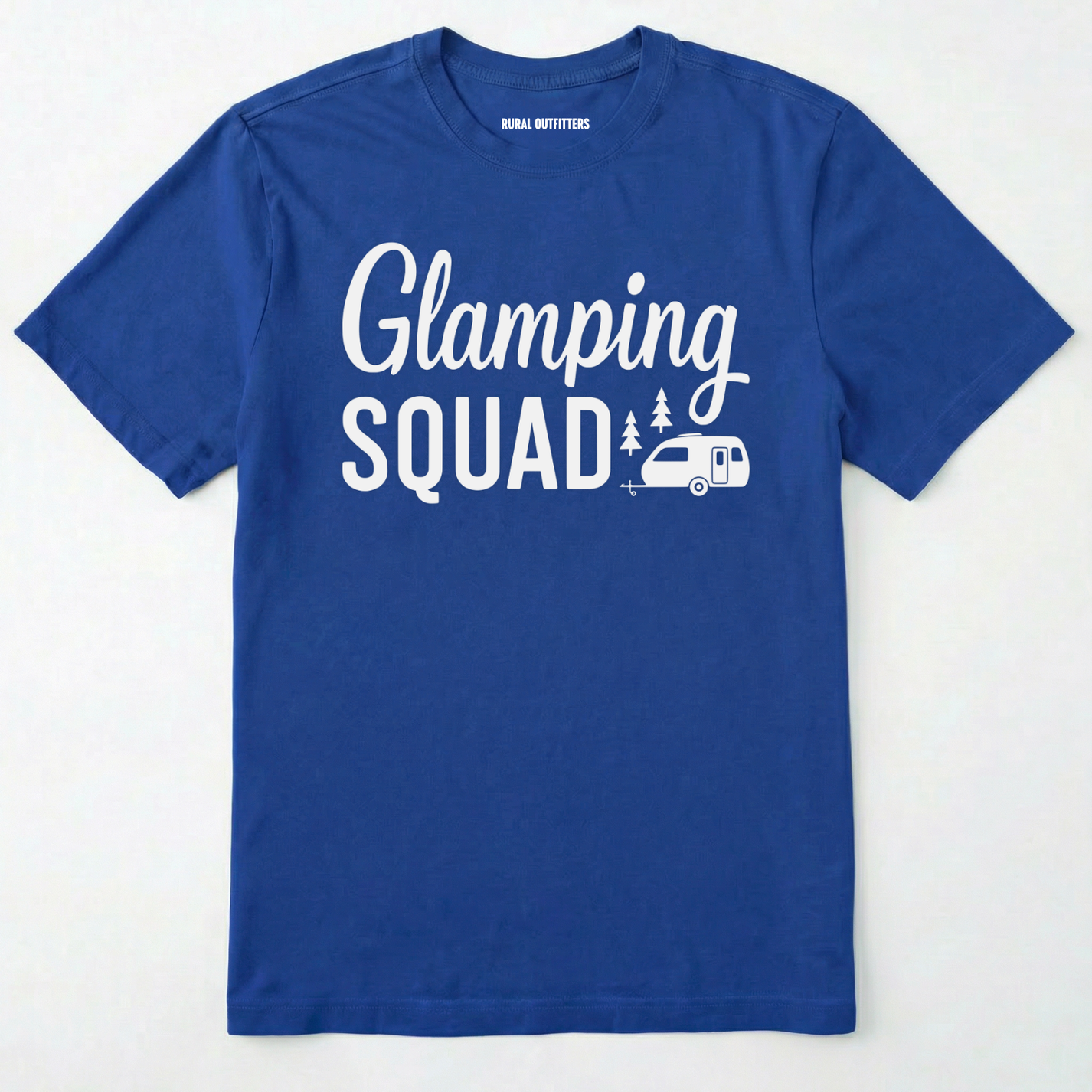 Royal glamper shirt with cute camper and trees design and "glamping squad" text on a white background.