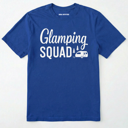 Royal glamper shirt with cute camper and trees design and "glamping squad" text on a white background.