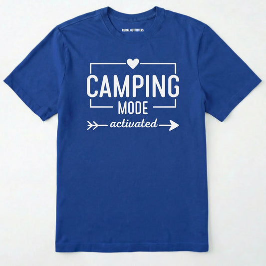 Royal camping mode activated shirt with heart and arrow design on a white background.