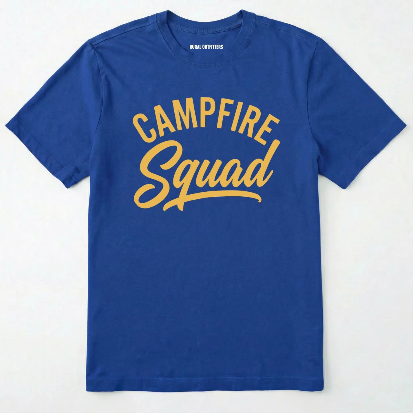 Royal t-shirt with 'campfire squad' text in yellow on a white background