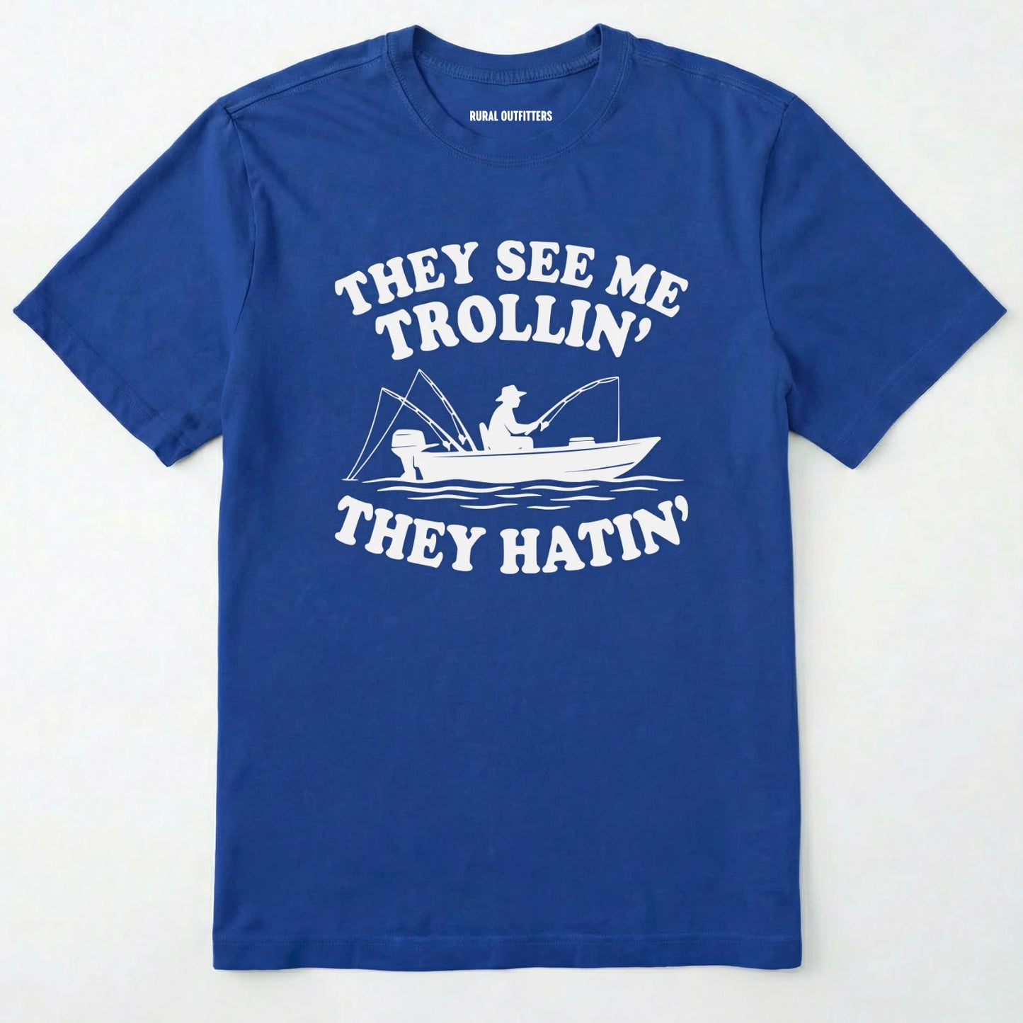 Royal t-shirt with white graphic and text on a white background