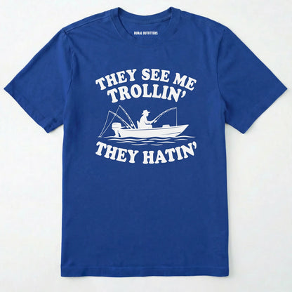 Royal t-shirt with white graphic and text on a white background