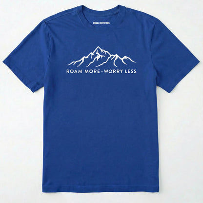 Royal rocky mountain shirt with a white mountain graphic and text 'roam more worry less' on a white background