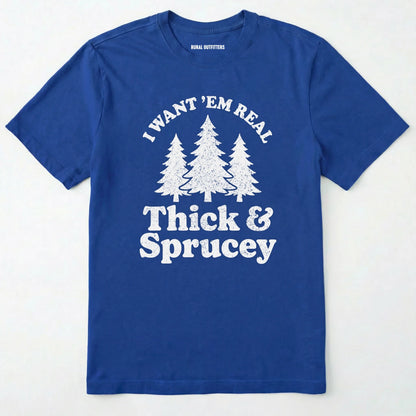 Royal t-shirt with white text and tree graphics on a white background