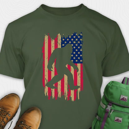 Green bigfoot american flag shirt featuring patriotic grunge background
