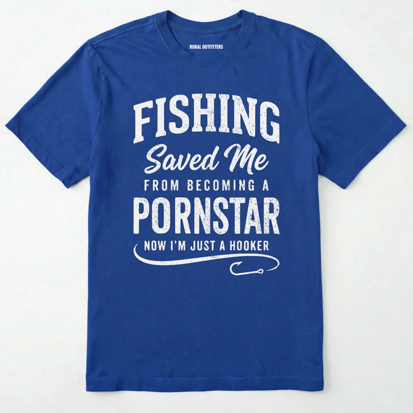 Royal t-shirt with white text on a white background