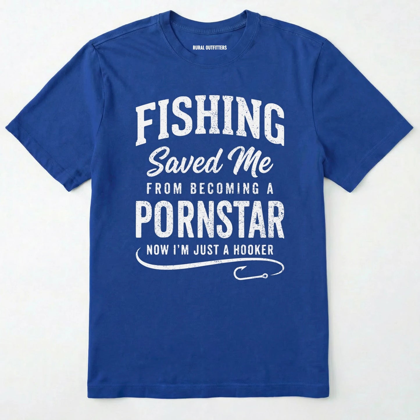 Royal t-shirt with white text on a white background