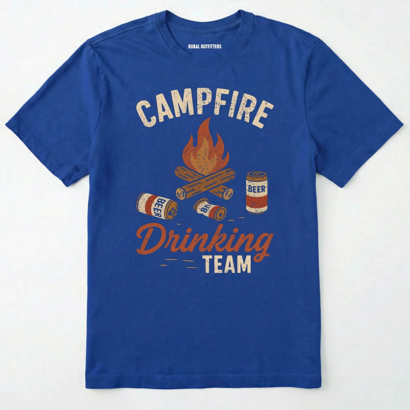 Royal campfire drinking team t-shirt with beer cans and campfire graphic on a white background.