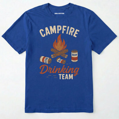 Royal campfire drinking team t-shirt with beer cans and campfire graphic on a white background.
