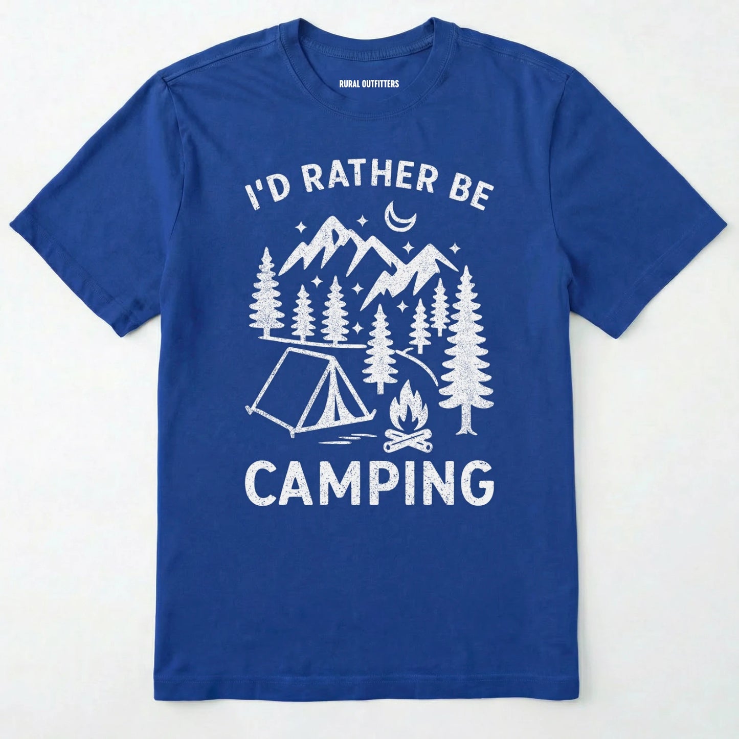 Royal t-shirt with 'i'd rather be camping' text and camping graphic on a white background