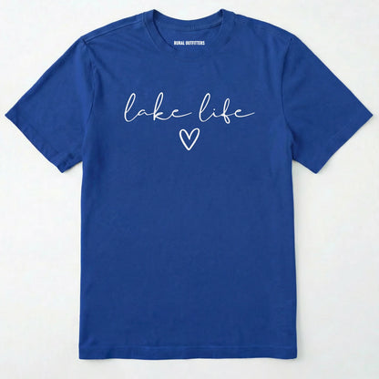Royal lake life shirt with 'lake life' text and heart graphic.