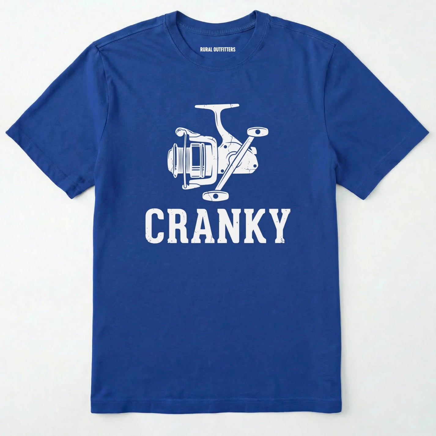 Royal t-shirt with white fishing reel graphic and 'cranky' text on a white background