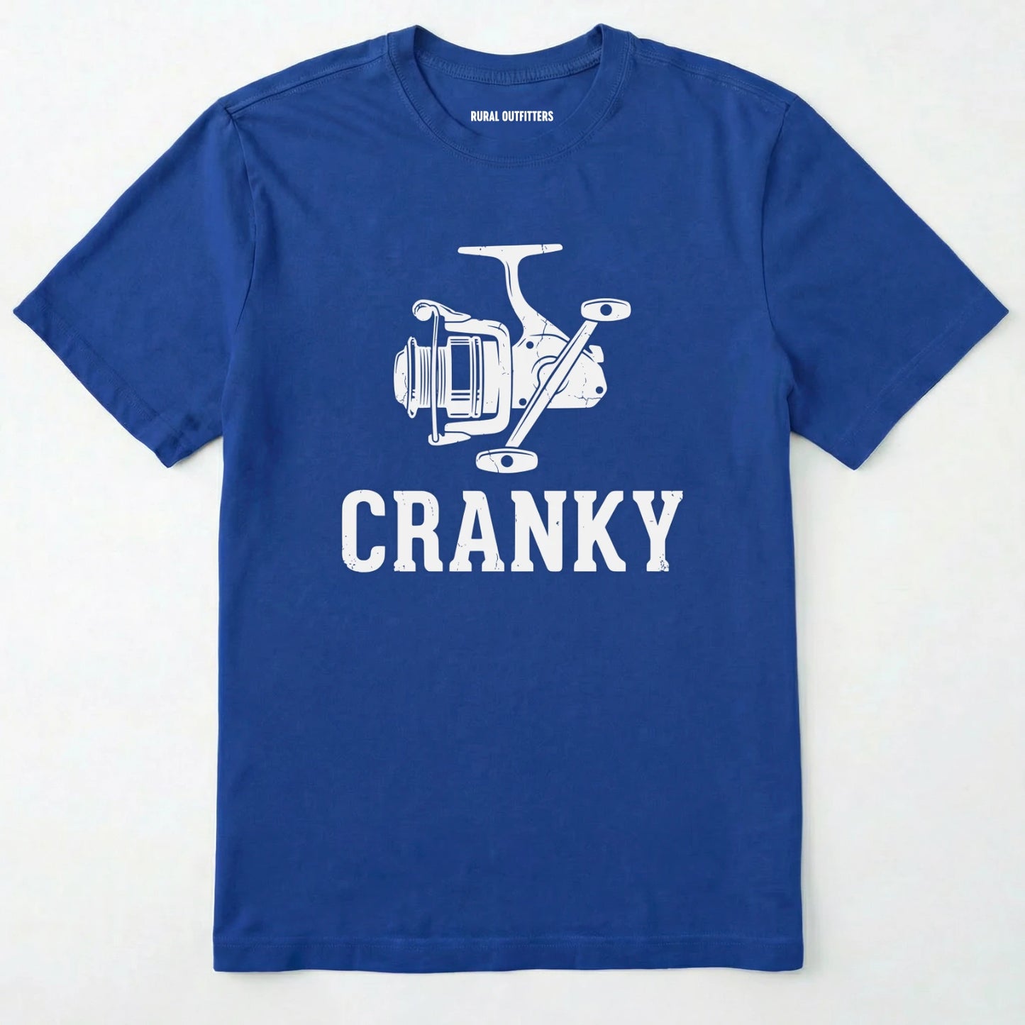 Royal t-shirt with white fishing reel graphic and 'cranky' text on a white background