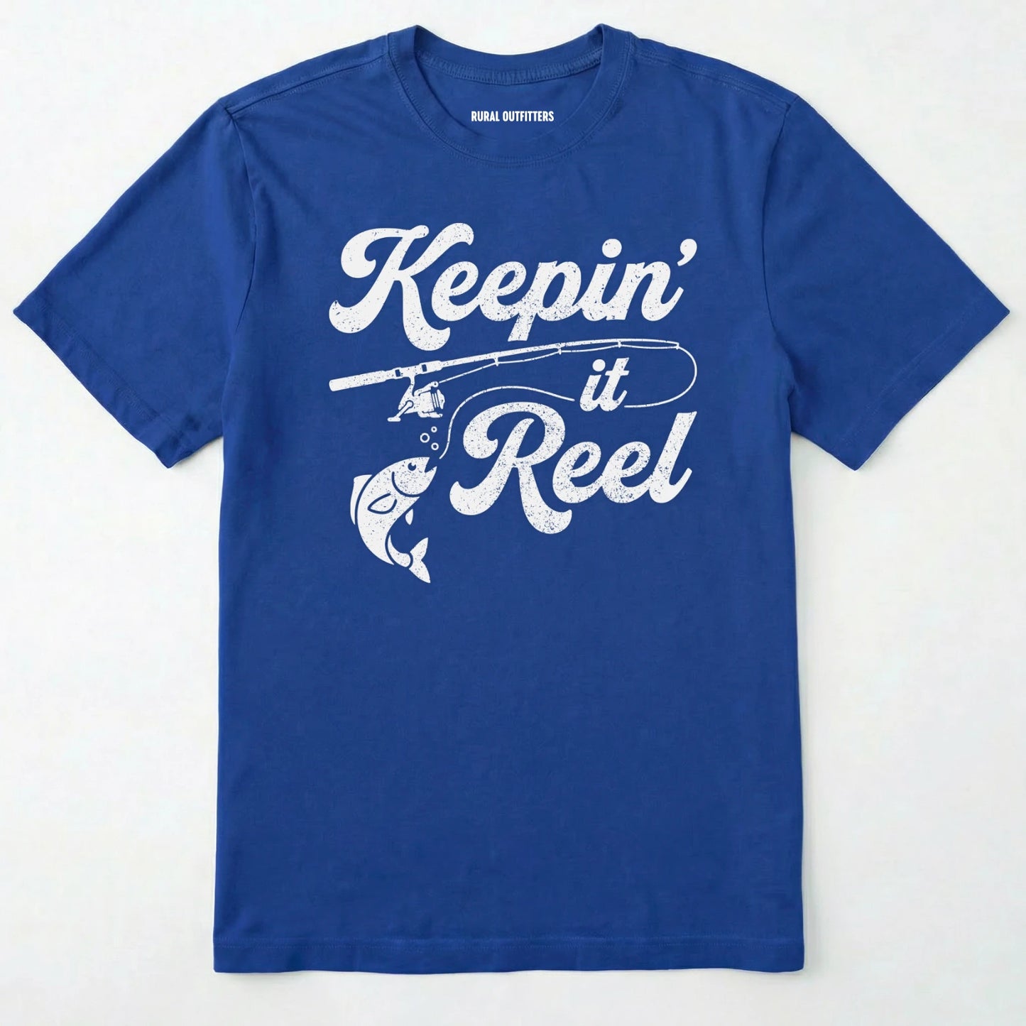 Royal t-shirt with 'keepin' it reel' graphic and fishing rod design on a white background