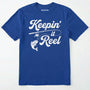 Royal t-shirt with 'keepin' it reel' graphic and fishing rod design on a white background
