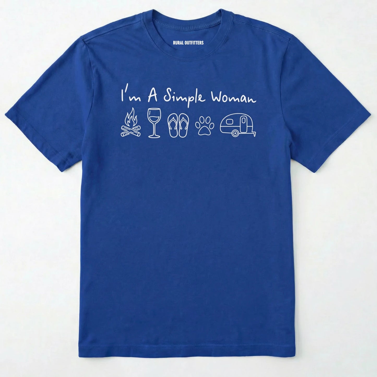 Royal t-shirt with white text and icons on a white background