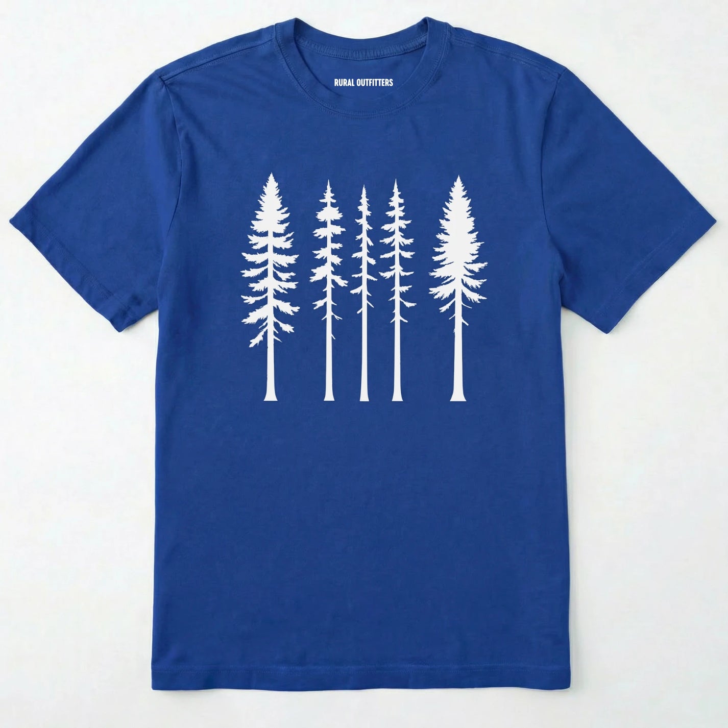 Royal pine t-shirt with minimalist white tree silhouettes on a white background.