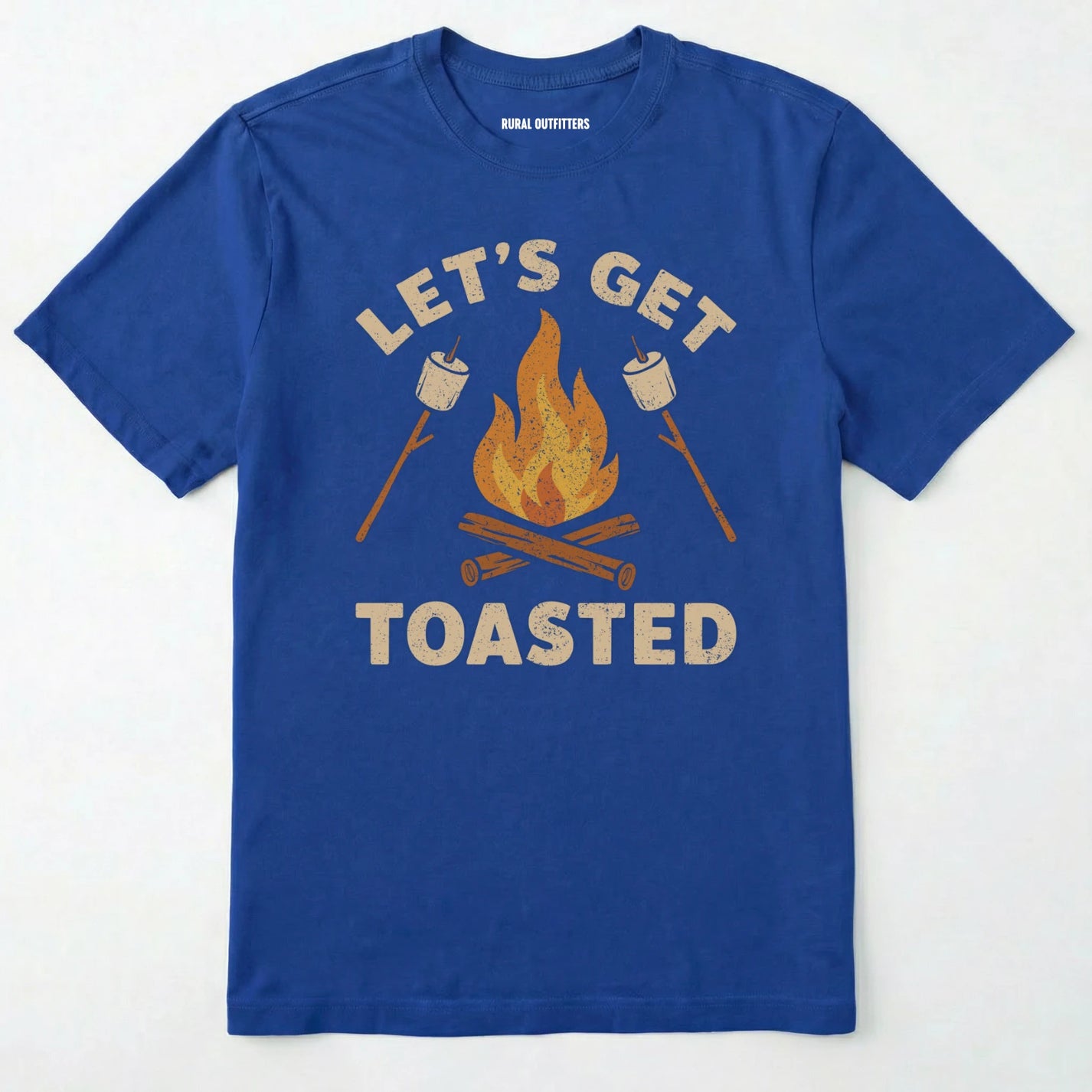 Royal let⊙s get toasted shirt with campfire and roasting marshmallow graphic on a white background