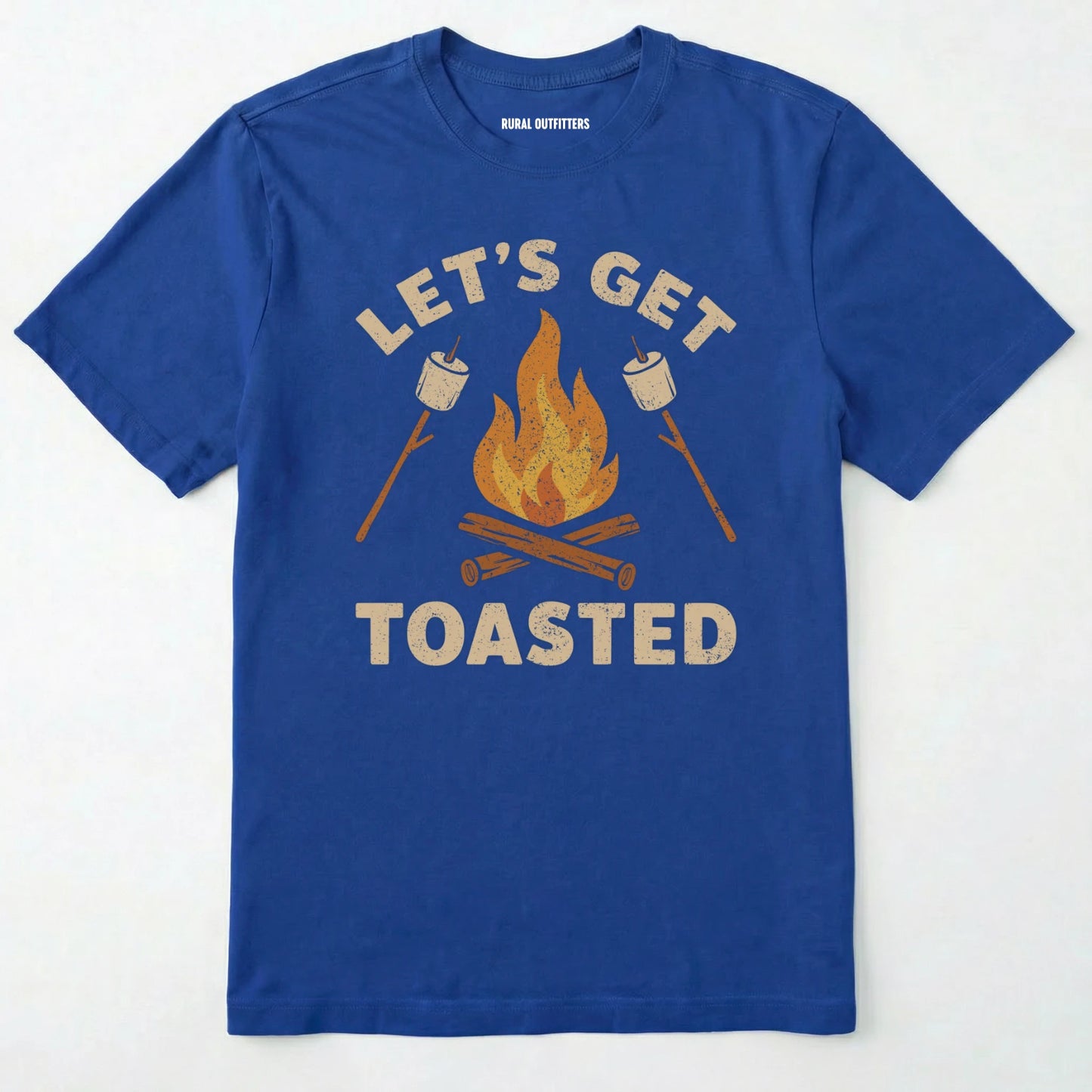 Royal let⊙s get toasted shirt with campfire and roasting marshmallow graphic on a white background