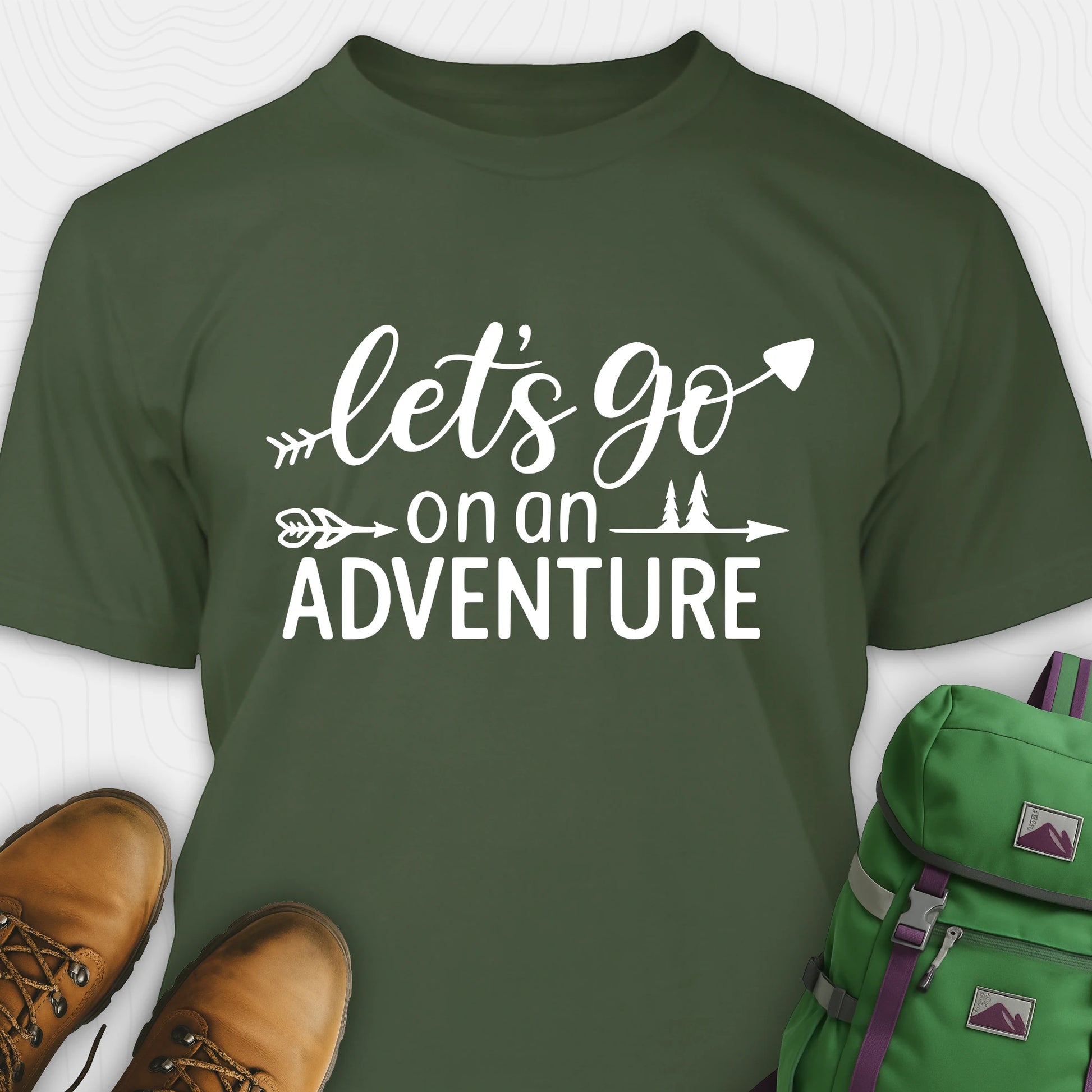 Green lets go on an adventure shirt with arrow and trees graphic