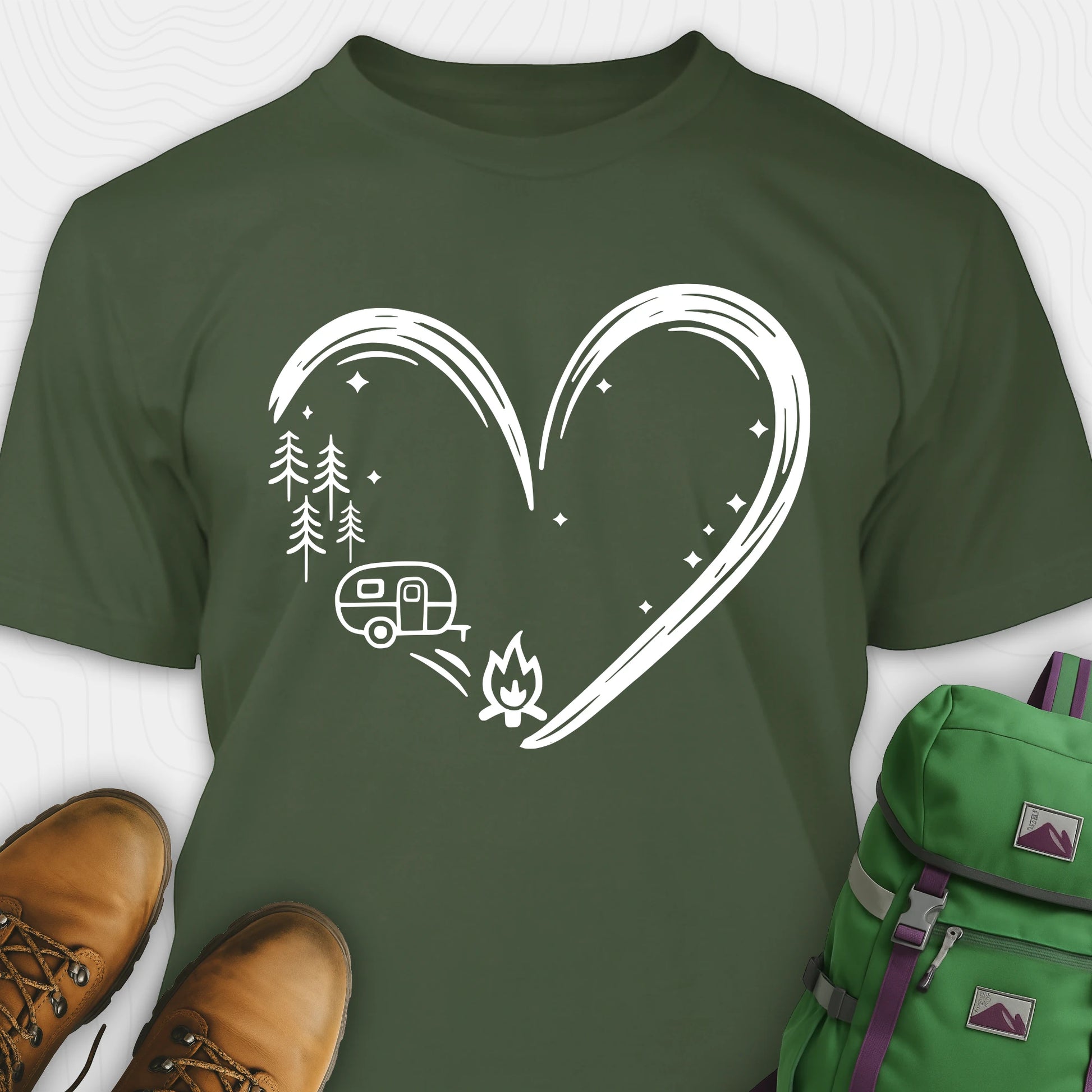 Green I love camping shirt with heart-shaped mountain and camper design