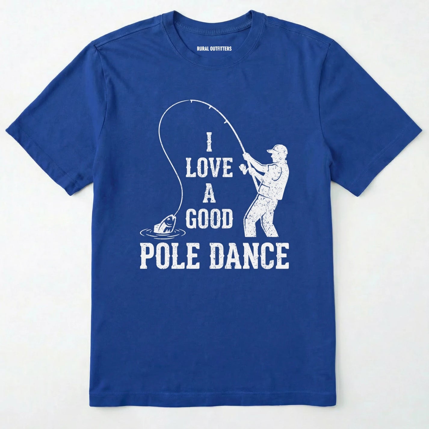 Royal t-shirt with white graphic and text on a white background