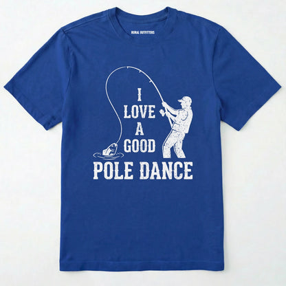 Royal t-shirt with white graphic and text on a white background