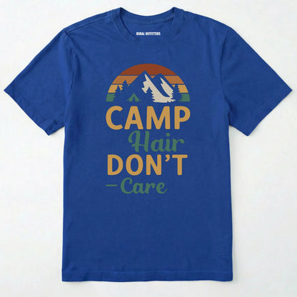 Royal camping hair don⊙t care t-shirt with retro mountain graphic on a white background.