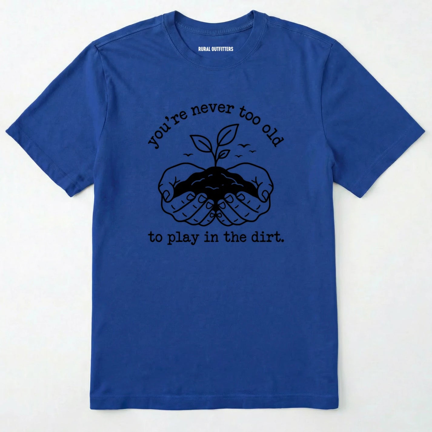 Royal t-shirt with black graphic and text on a white background