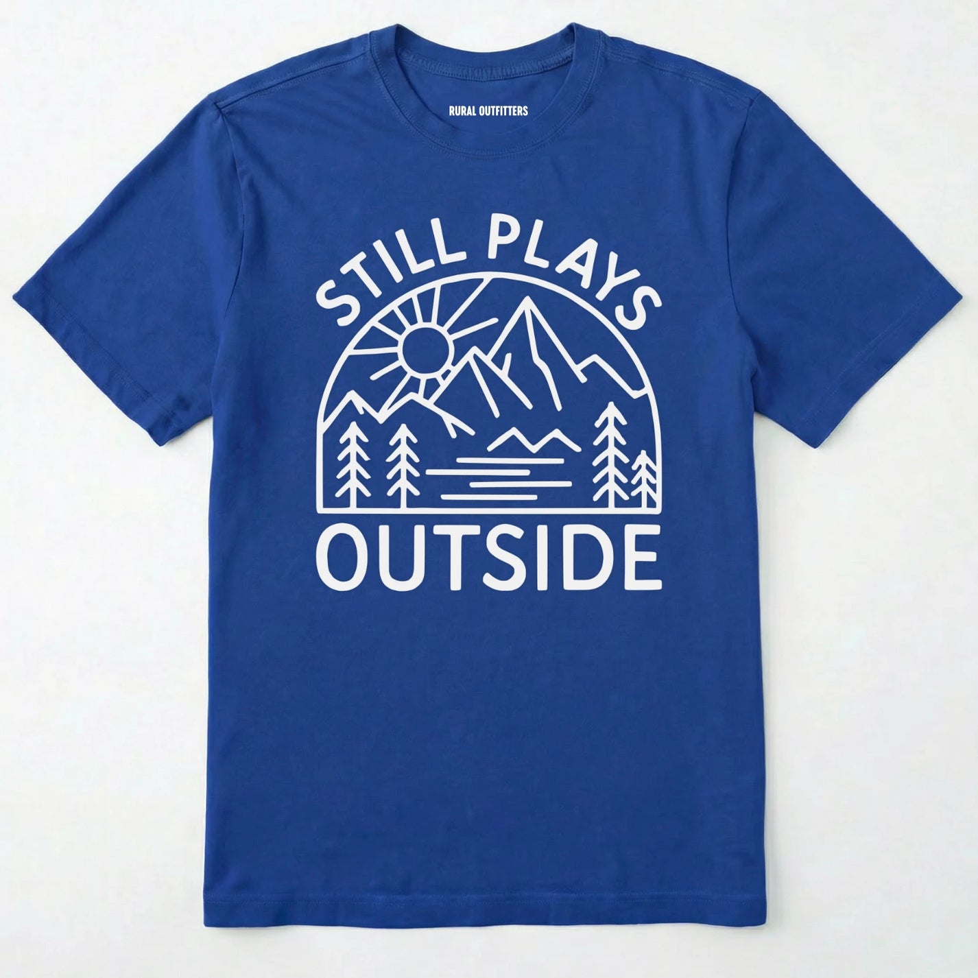 Royal t-shirt with white graphic and text 'still plays outside' on a white background