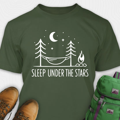 Green night sky shirt with hammock moon stars and campfire design