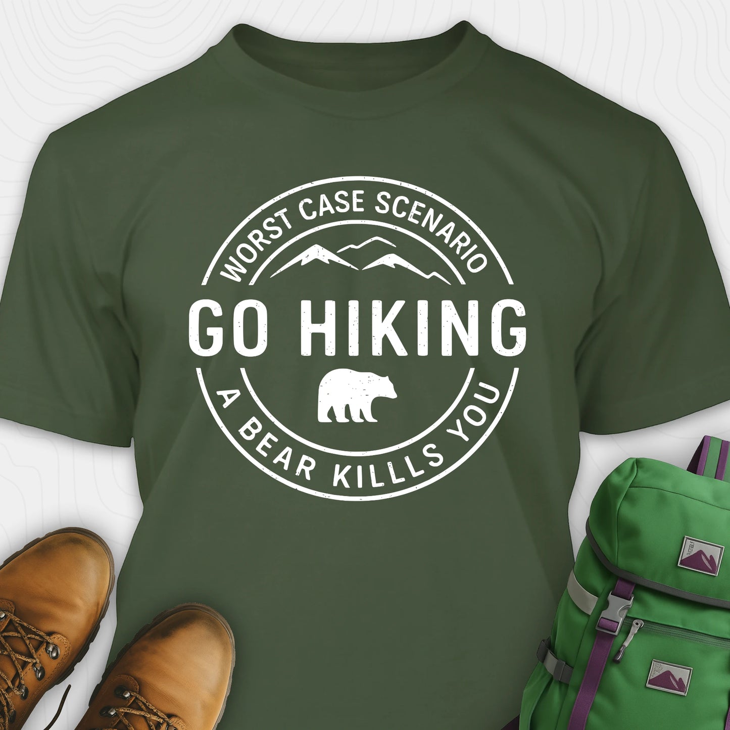 Green funny hiking shirt with circular go hiking graphic and bear illustration