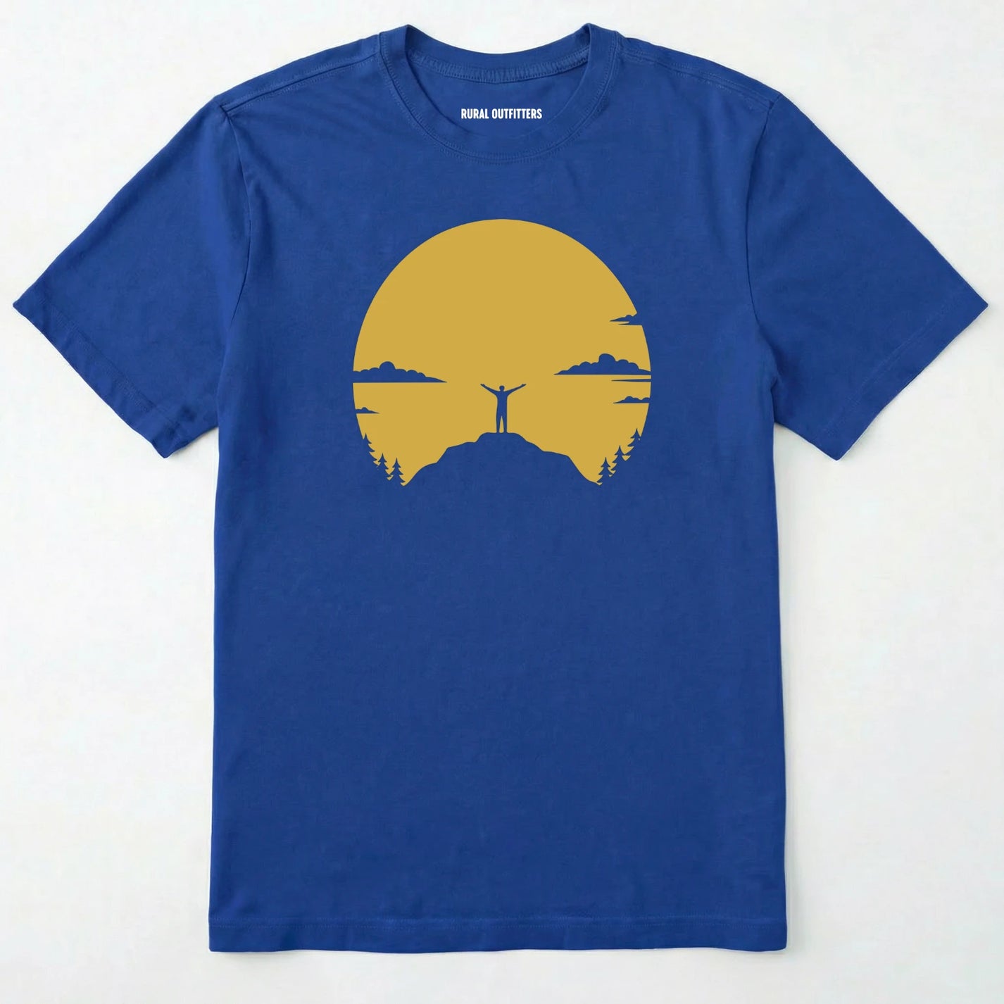 Royal climbing shirt with a yellow sunset and a mountain climber silhouette on a white background.