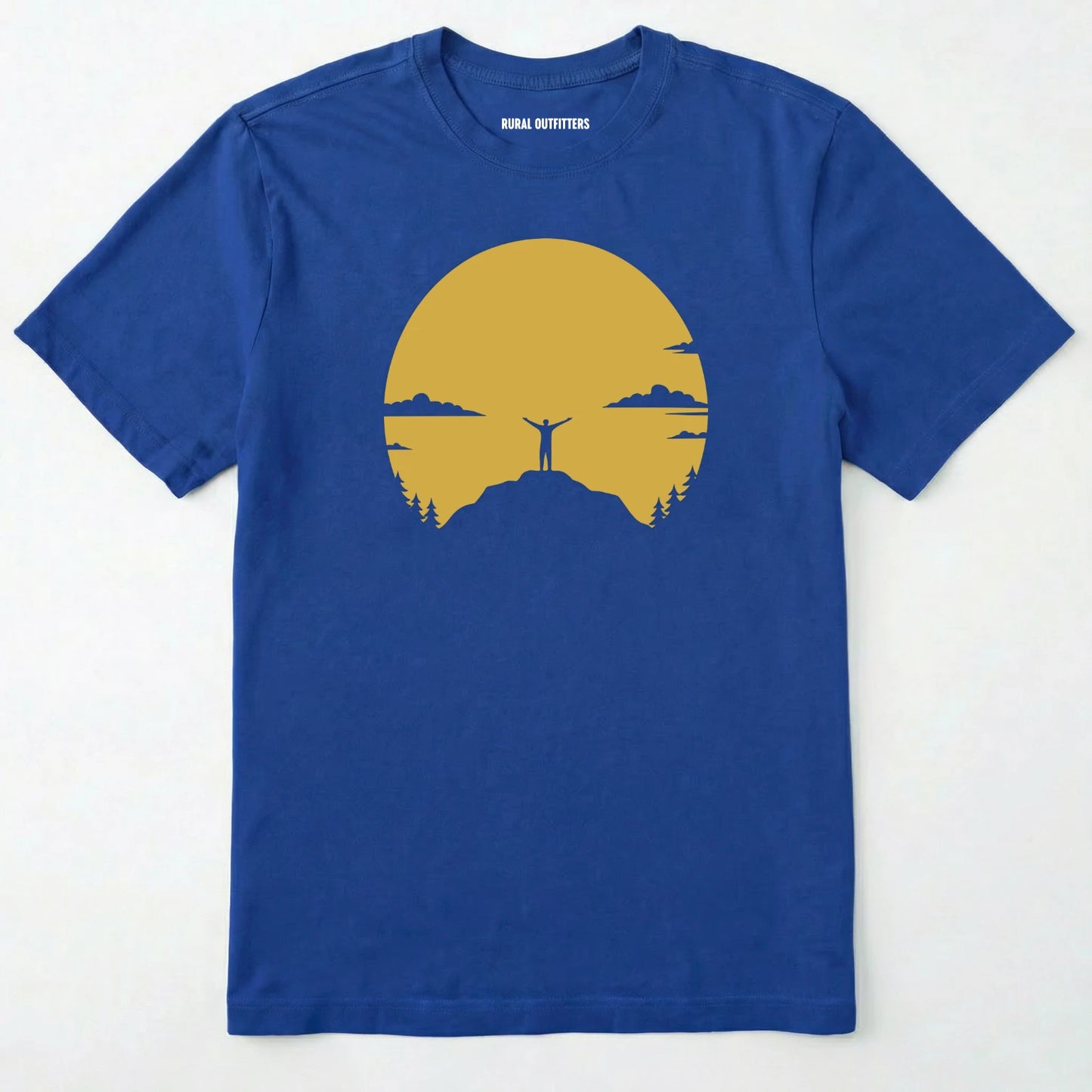 Royal climbing shirt with a yellow sunset and a mountain climber silhouette on a white background.