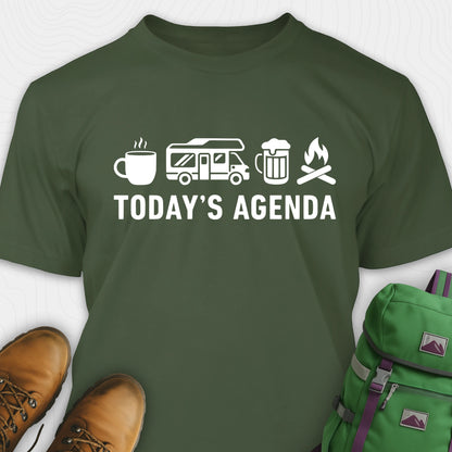 Green RV life shirt with coffee, RV beer and campfire icons