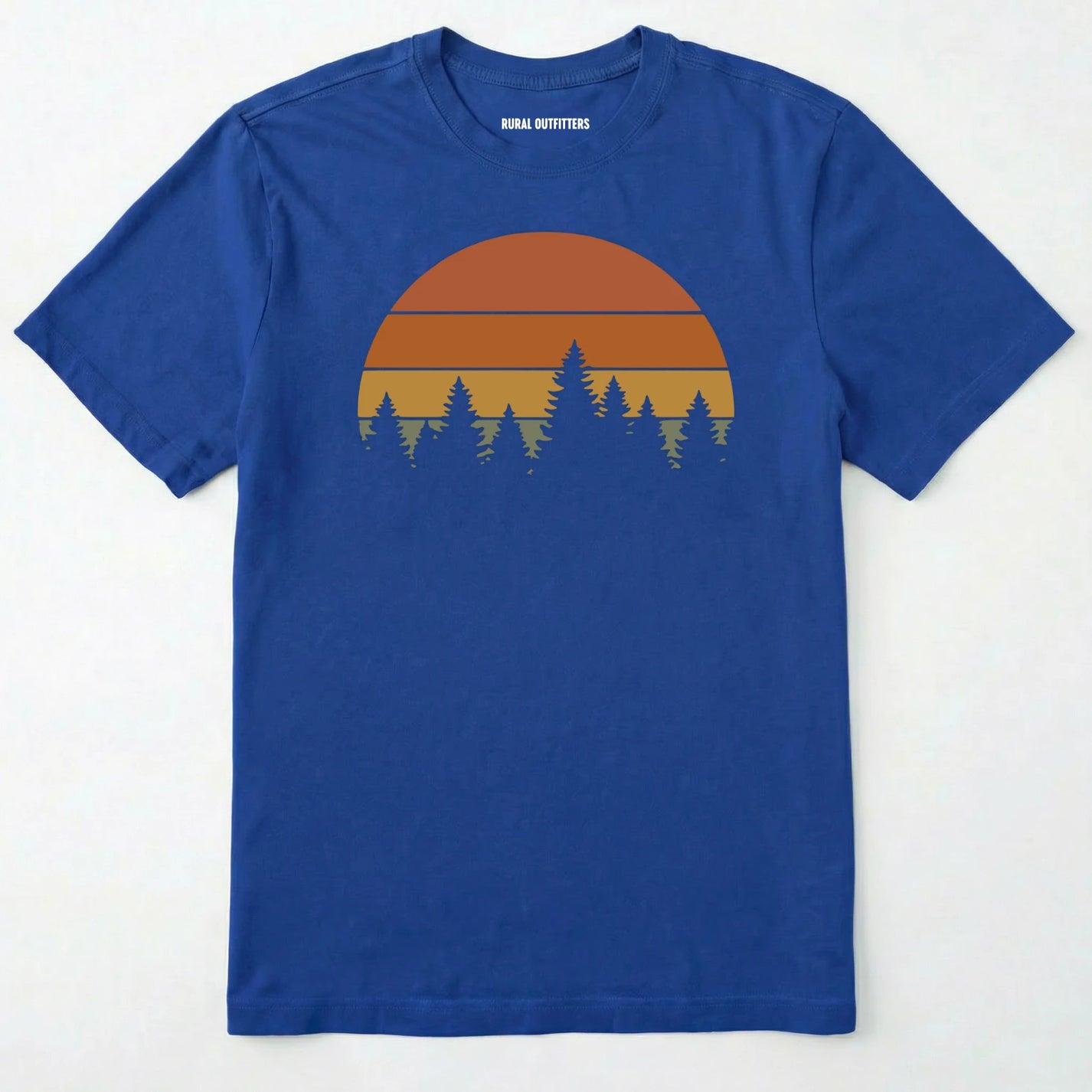 Royal vintage sunset t-shirt with retro forest silhouette graphic on a white background.