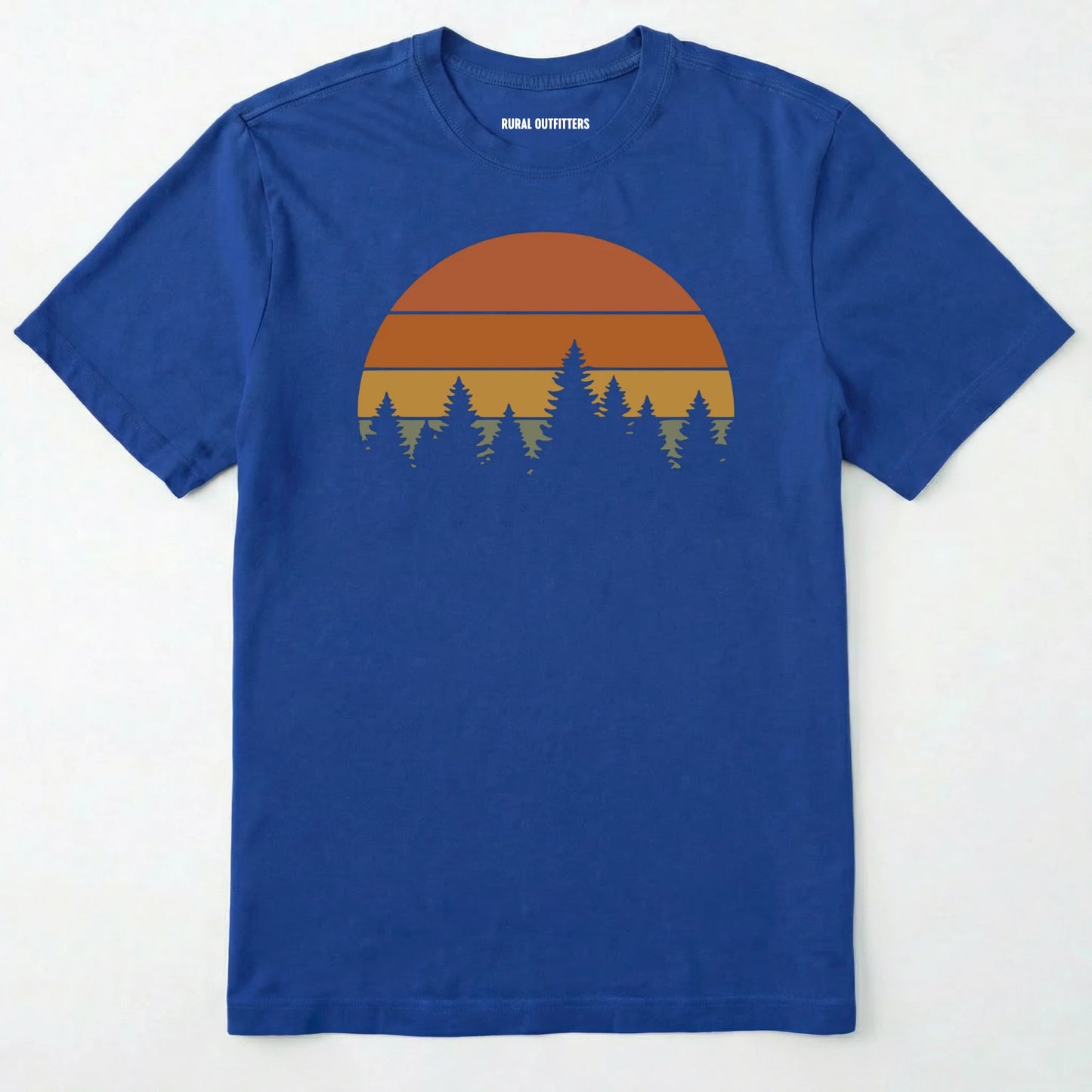 Royal vintage sunset t-shirt with retro forest silhouette graphic on a white background.
