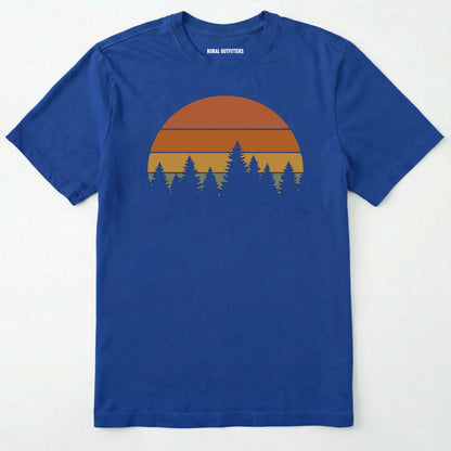 Royal vintage sunset t-shirt with retro forest silhouette graphic on a white background.