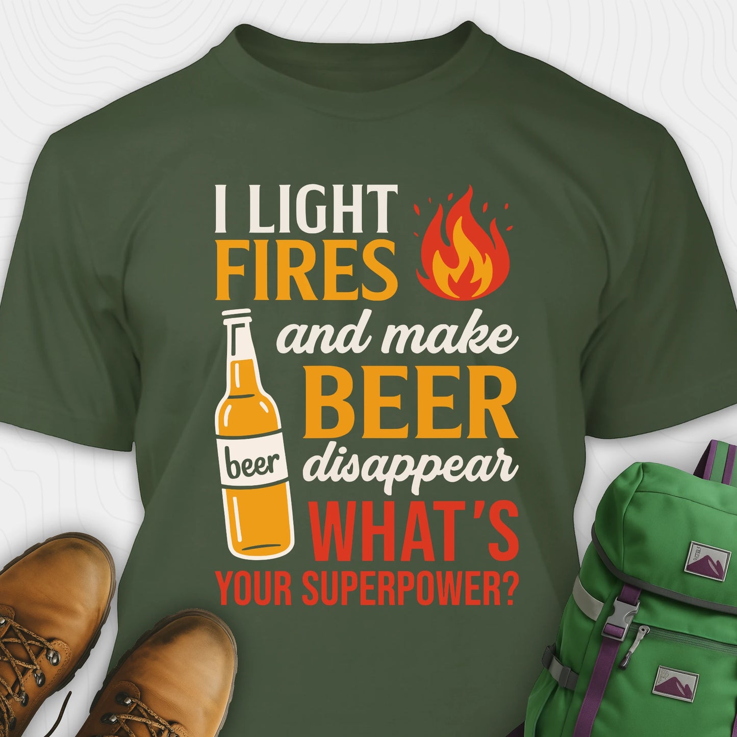 Green funny beer shirt featuring fire and beer bottle graphic