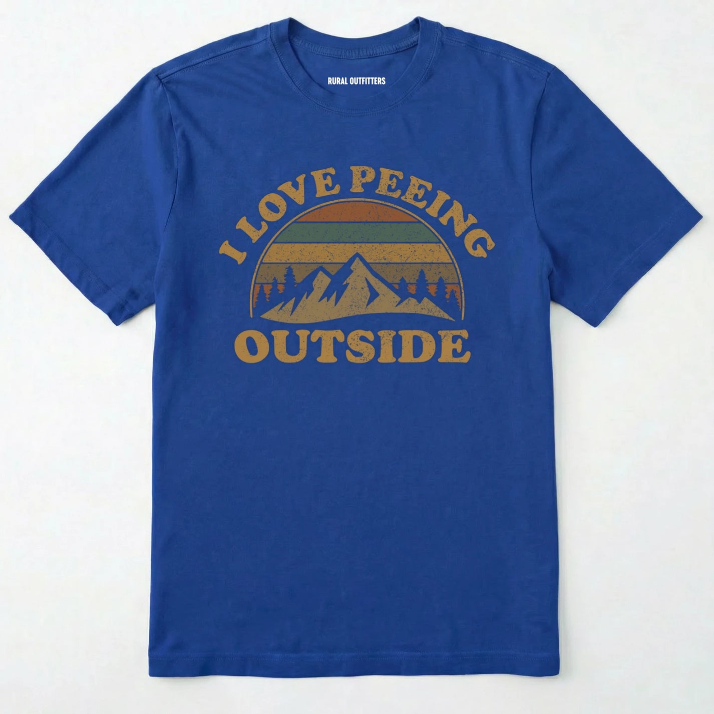 Royal i love peeing outside shirt with a retro mountain graphic on a white background.