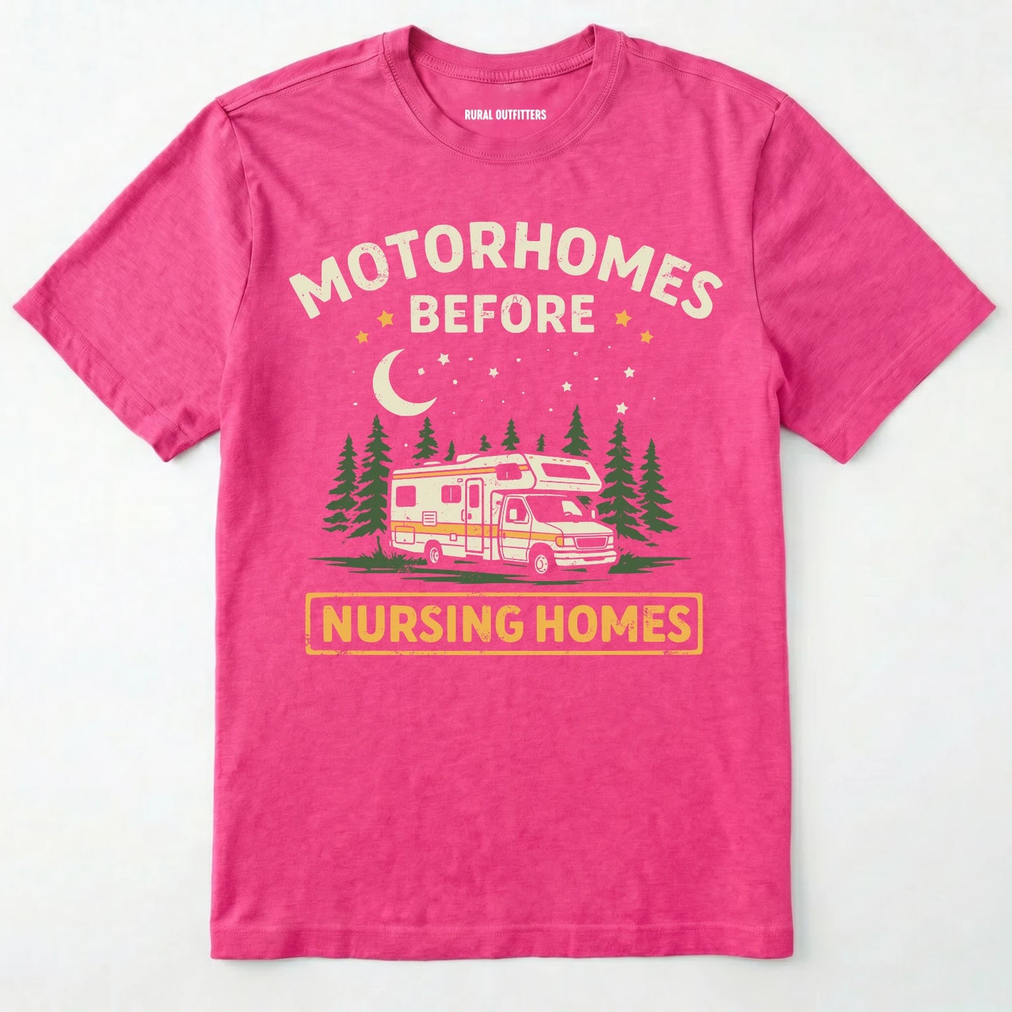 Heliconia t-shirt with graphic of a retro class C RV and text 'Motorhomes Before Nursing Homes' on a white background