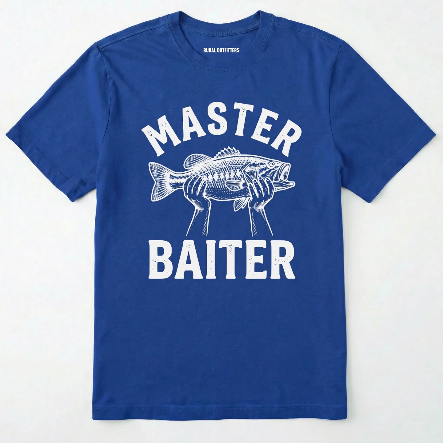 Royal t-shirt with 'master baiter' graphic and fish illustration on a white background
