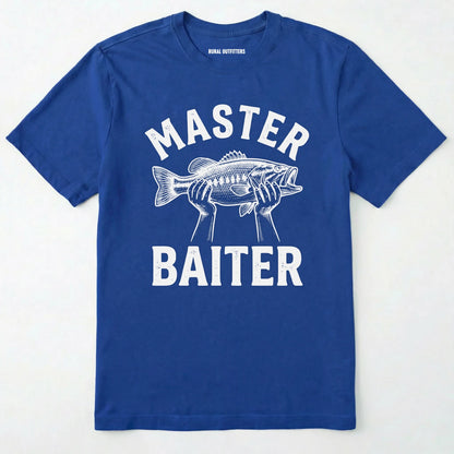 Royal t-shirt with 'master baiter' graphic and fish illustration on a white background