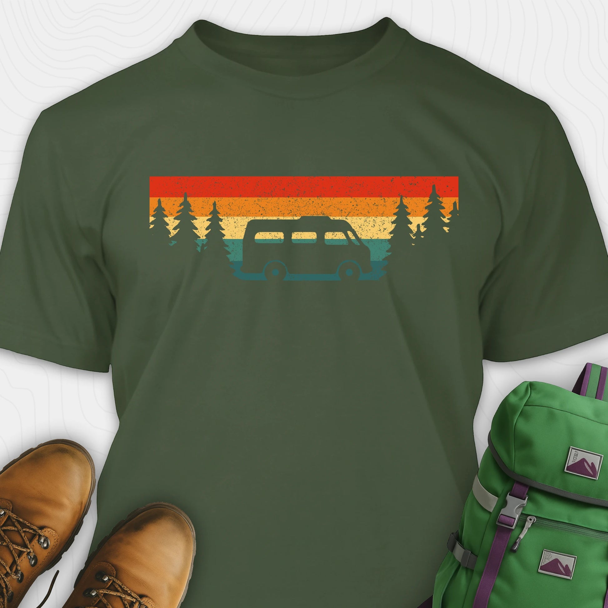 Green retro camp shirt featuring forest silhouette and van design