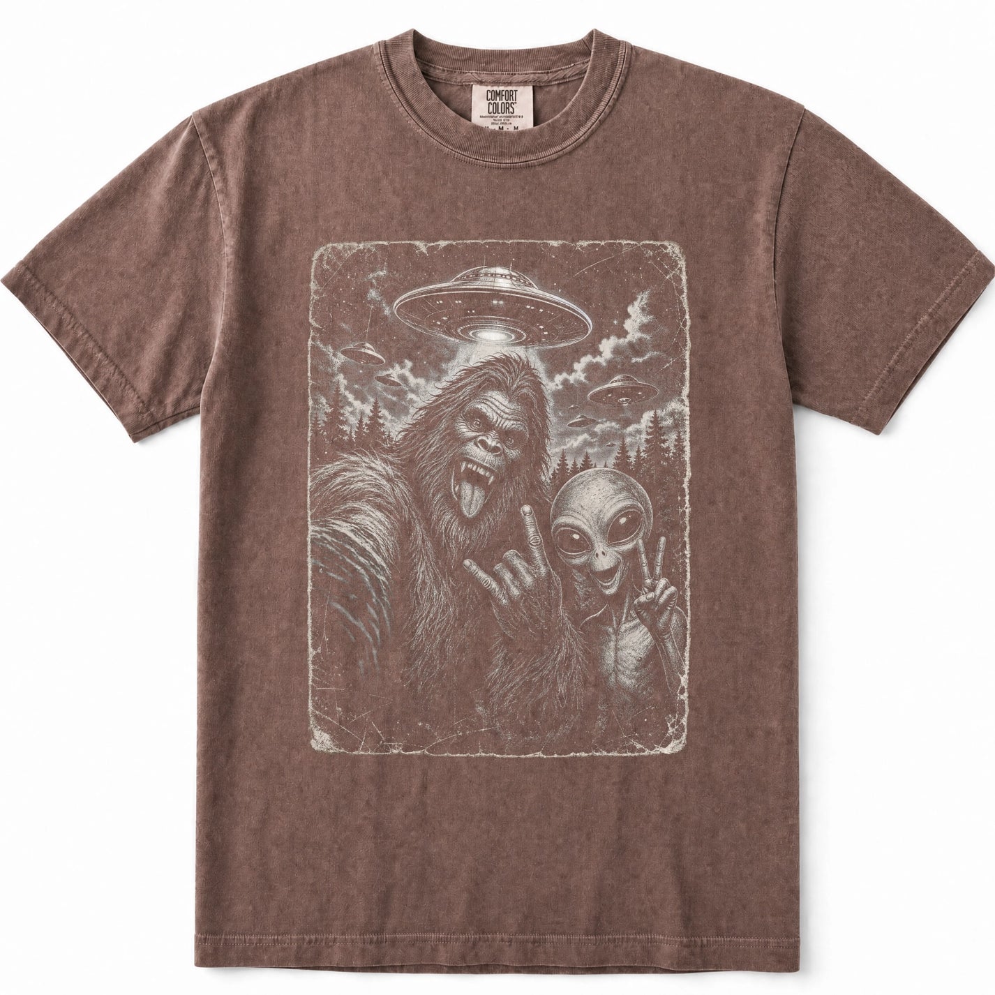 Espresso brown short-sleeve crewneck t-shirt featuring a distressed graphic print of Bigfoot and an alien making peace signs, set against a plain white background.