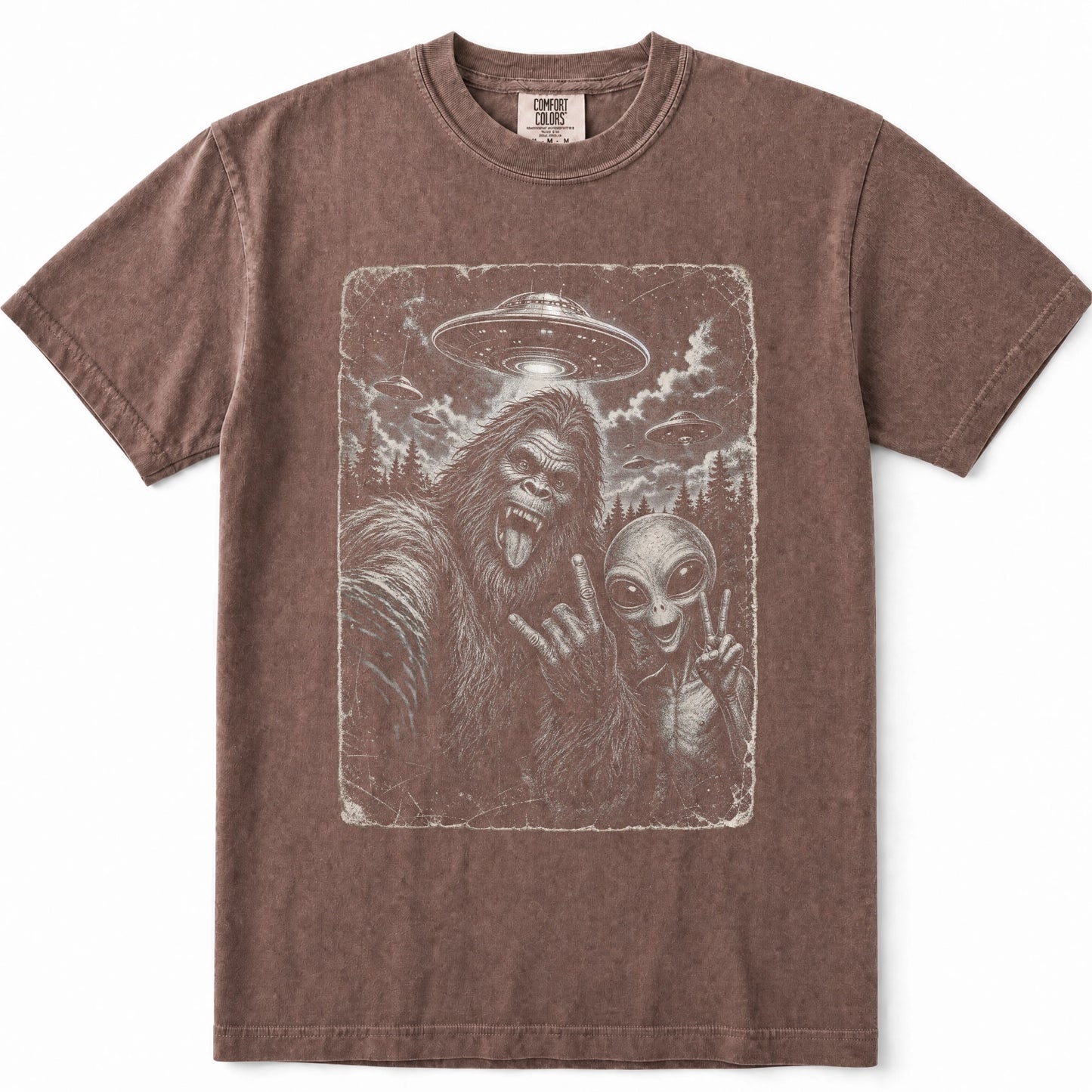Espresso brown short-sleeve crewneck t-shirt featuring a distressed graphic print of Bigfoot and an alien making peace signs, set against a plain white background.