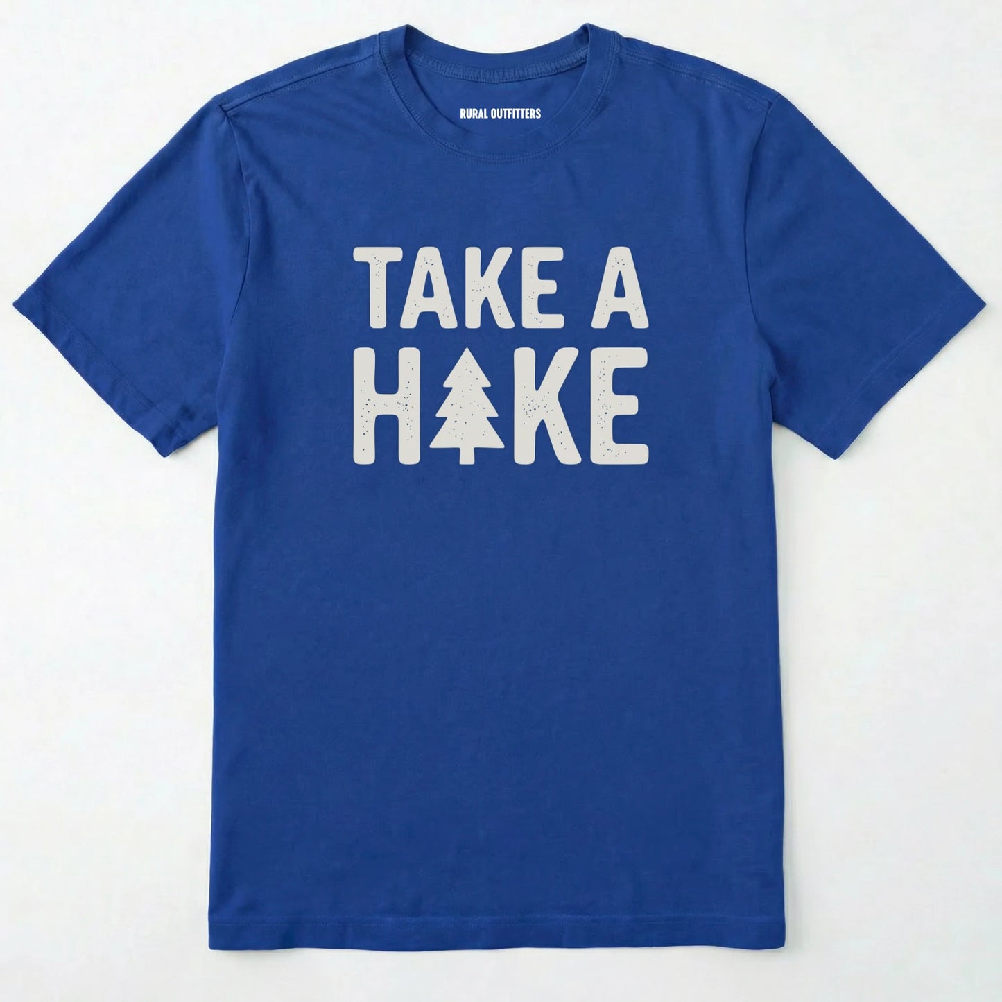 Royal t-shirt with 'take a hike' text and graphic on a white background