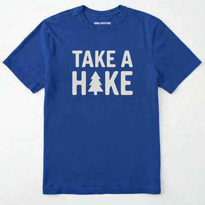 Royal t-shirt with 'take a hike' text and graphic on a white background