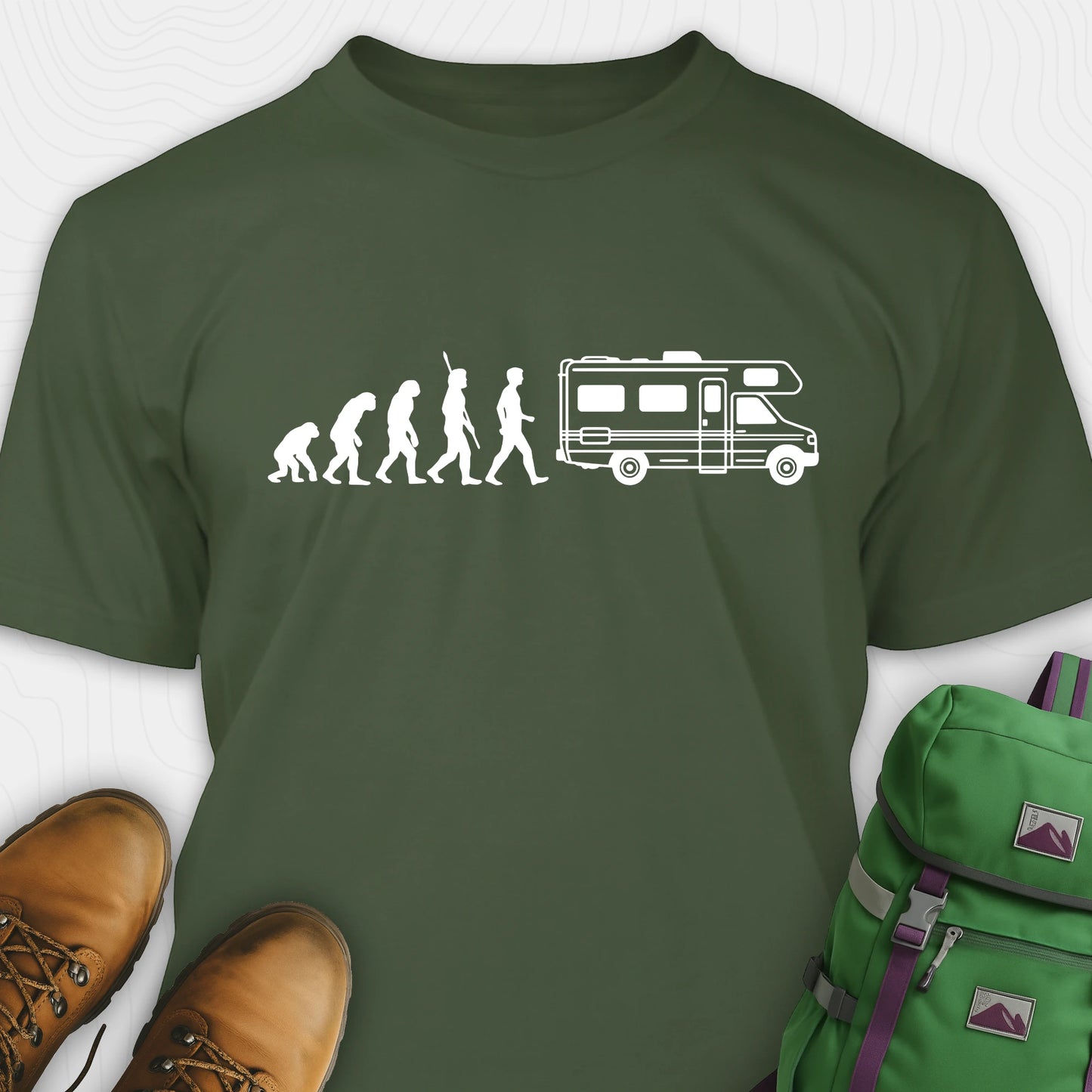 Green evolution shirt featuring human to rv silhouette graphic